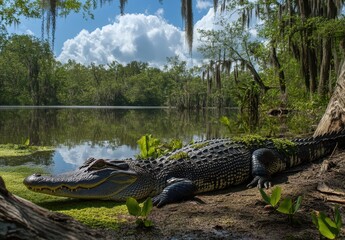 Serene Landscape with Alligator Resting by Calm Waters Surrounded by Lush Green Vegetation and Dramatic Cloudy Sky in a Natural Habitat Environment
