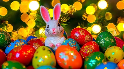 Festive Easter Bunny Surrounded by Colorful Decorated Eggs and Sparkling Lights in Spring