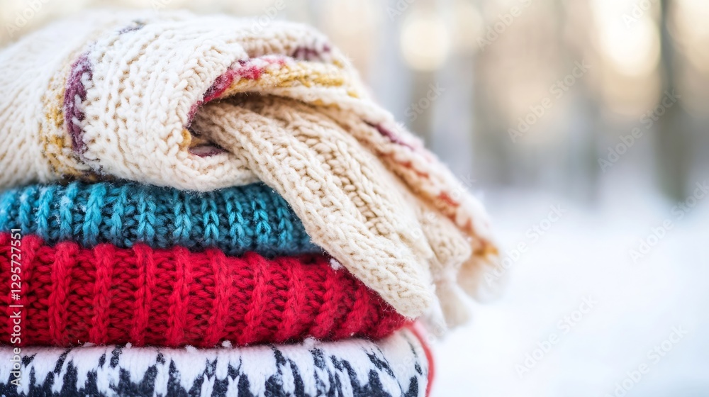 Aufkleber stack of colorful knitted sweaters neatly arranged outdoors in winter setting : generative ai