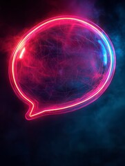 Obraz premium Neon Speech Bubble: A glowing neon speech bubble, a symbol of communication and conversation, in the depths of smoky digital realm. A futuristic design of bright pink neon light.