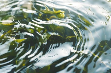 Macro View of Floating Wakame Seaweed with Gentle Ripples and Sunlight Reflections