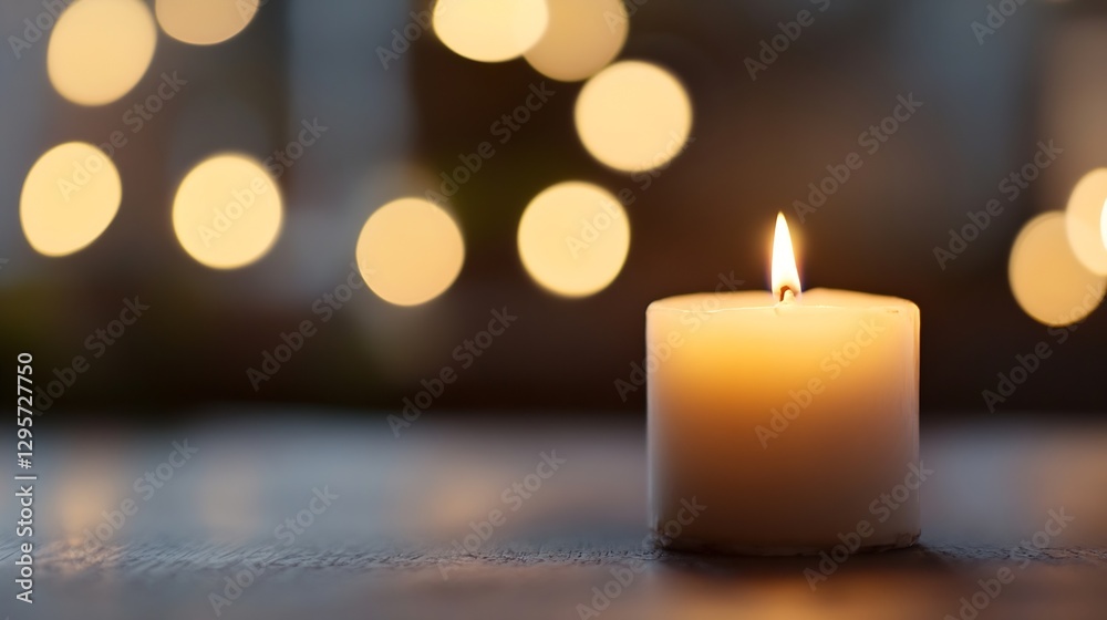 Poster single white candle burning softly with blurred warm lights in the background : generative ai