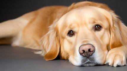 Golden Labrador retriever laying down resting with a soft expression on its face : Generative AI