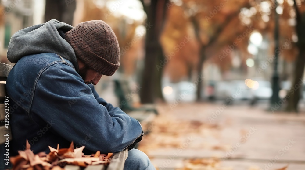 Poster a person sitting on a park bench surrounded by autumn leaves displaying a moment of introspection : 