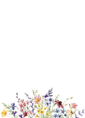 Watercolor flowers, floral frame border for greeting card, invitation and other printing design. Isolated on white. Hand drawing digital background.