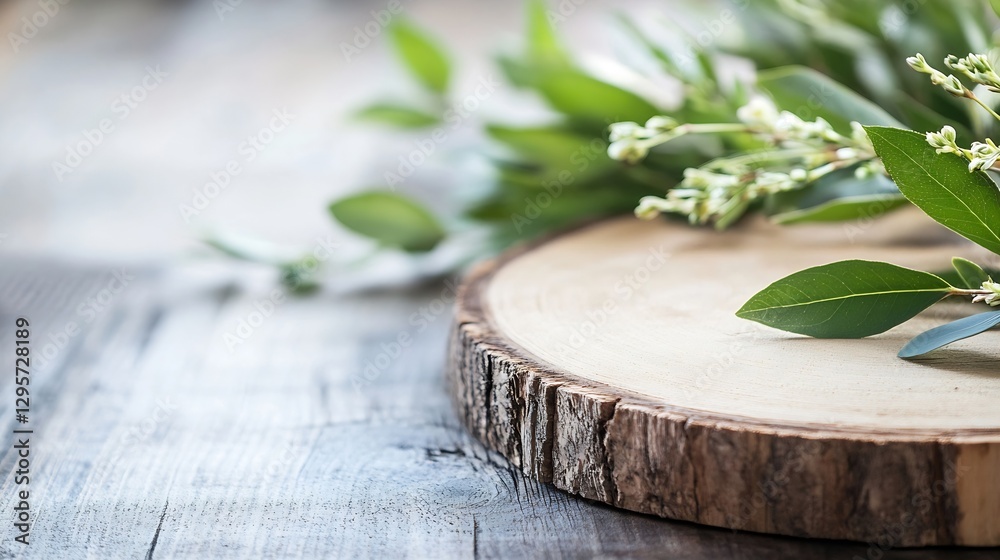 Poster Closeup view of a rustic wooden slice on a table adorned with fresh greenery and delicate white flowers for decoration : Generative AI