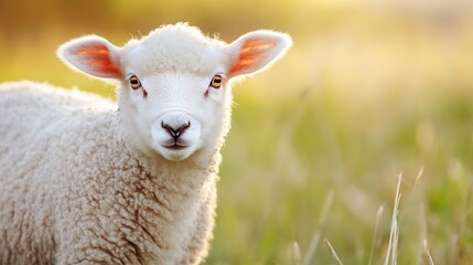 Fototapeta premium Charming young sheep grazing peacefully in a lush meadow during sunset with warm golden light : Generative AI