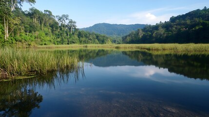 Lush Green Lake Landscape with Reflection of Mountains and Clear Blue Sky : Generative AI