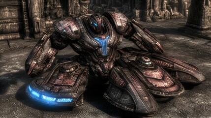 Futuristic Mechanical Robot in a Surreal Urban Environment with Glowing Details and Textures