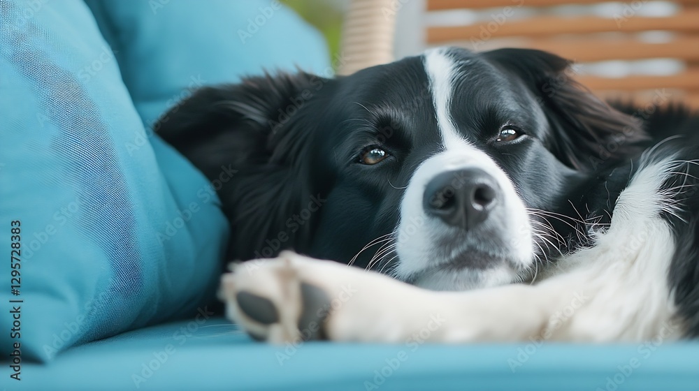 Poster Relaxed dog resting on a teal sofa with a calm expression in sunlight : Generative AI