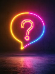 Neon Question Mark: A vibrant neon sign, shaped like a question mark within a speech bubble, casts a colorful glow against a dark background, sparking curiosity and inviting inquiry.