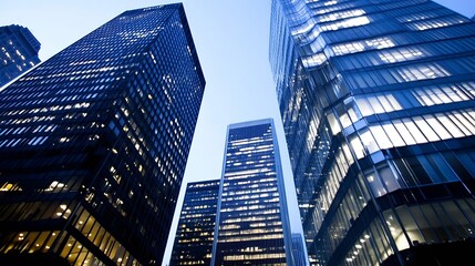 Naklejka premium Stunning Urban Skyline Surrounded by Glass Towers Illuminated by Twilight Glow : Generative AI