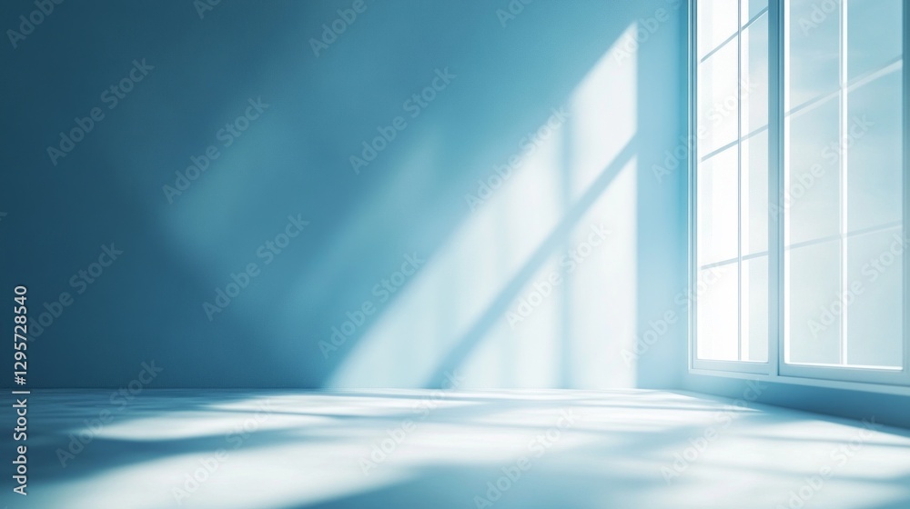 Poster a tranquil room is illuminated by soft sunlight pouring through large windows. the gentle beams form