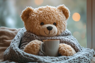 Cute teddy bear with cozy blanket and coffee with blurred background .