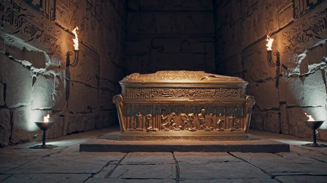 Torches flicker, casting shadows across a grand chamber where a lustrous golden sarcophagus rests atop a stone pedestal. Intricate carvings adorn the tomb walls.