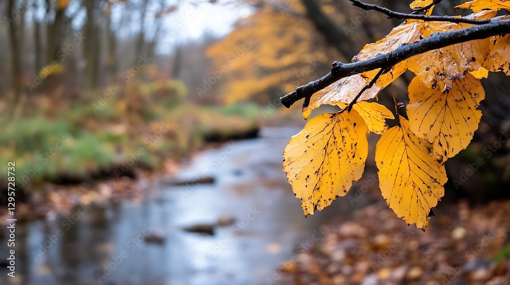 Poster vibrant autumn leaves on a branch near a tranquil stream flowing through a forest landscape : genera