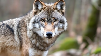 Fototapeta premium Closeup of a majestic wolf gazing directly at the camera in a serene forest setting : Generative AI