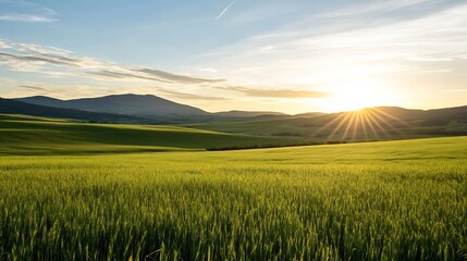 Obraz premium Breathtaking Sunrise Over Lush Green Hills and Fields Under Clear Sky : Generative AI