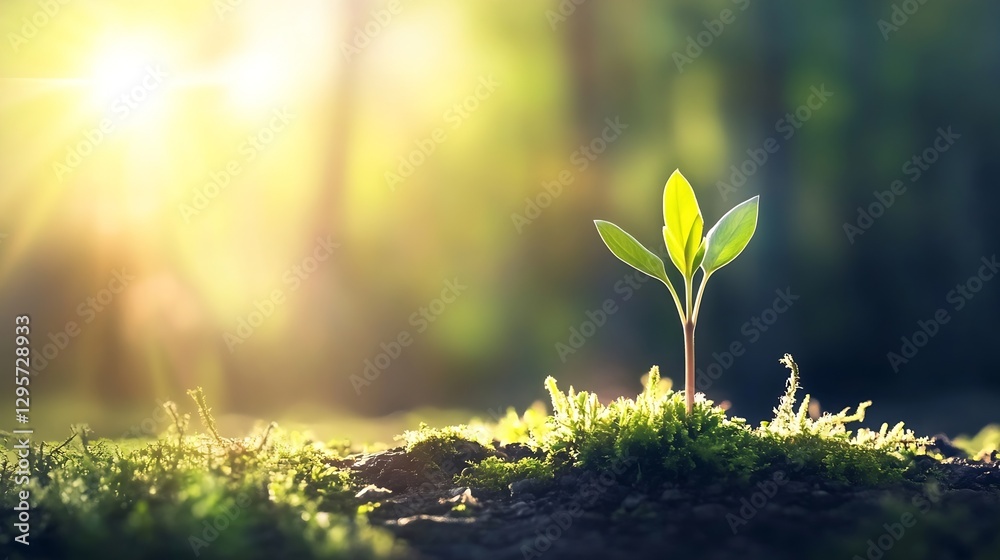 Aufkleber small green sprout emerging from rich soil in a sunlit forest environment : generative ai