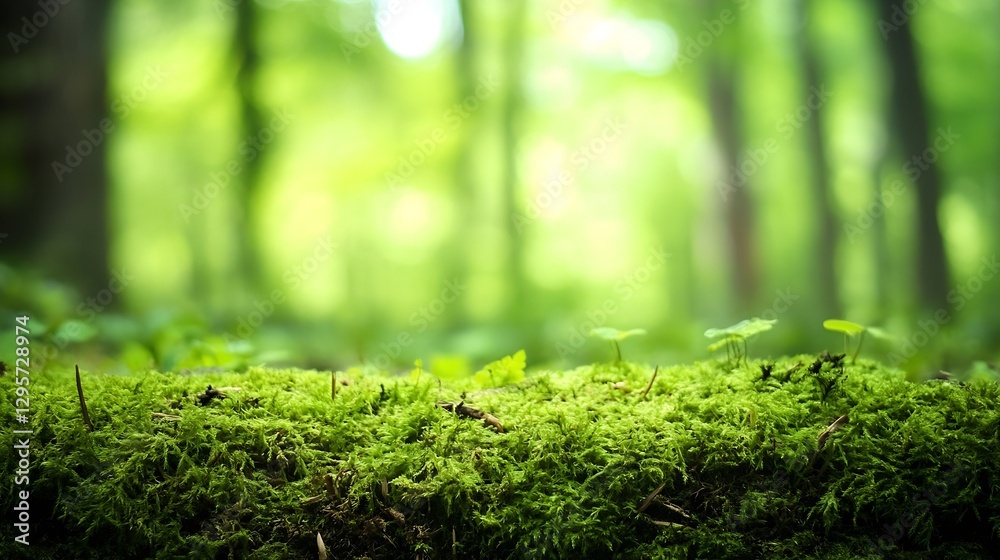 Poster vibrant green moss covering forest ground creating a serene atmosphere filled with nature : generati