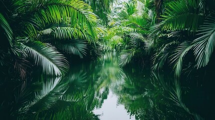 Lush Tropical Paradise Tranquil Canal Reflecting Verdant Palm Fronds