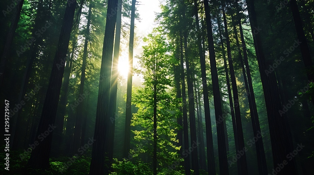 Poster peaceful forest setting with sunlight filtering through tall trees illuminating the vibrant green fo