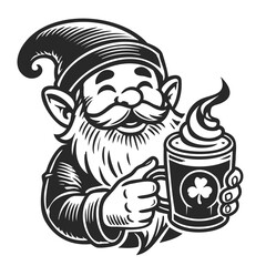 A cheerful gnome holds a mug of Irish coffee, featuring a frothy top and a smile.