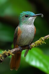 Fototapeta premium A small bird sitting on a branch with a drop of water in its beak