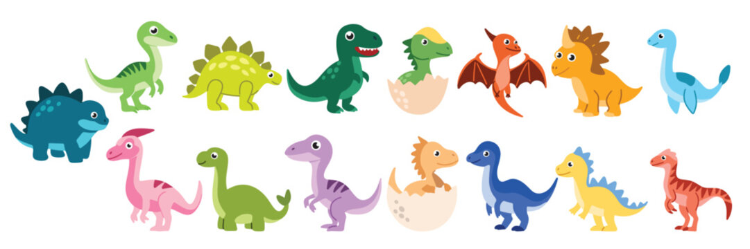 Big collection of dinosaurs in flat style. Hand drawn vector art.