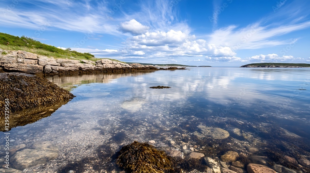Poster crystal clear seascape with tide pools and beautiful clouds above : generative ai
