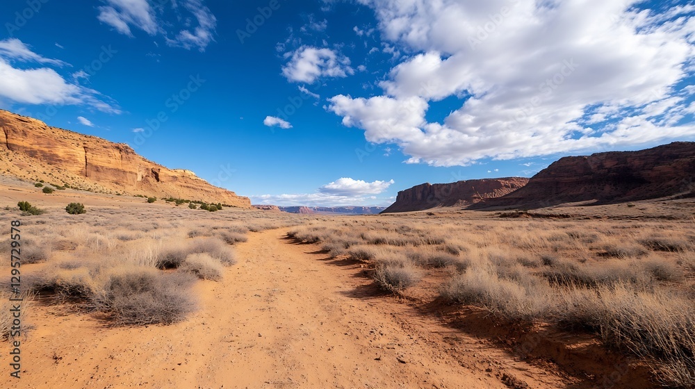 Poster Expansive desert landscape with rugged terrain and cloudy sky inviting exploration and adventure : Generative AI
