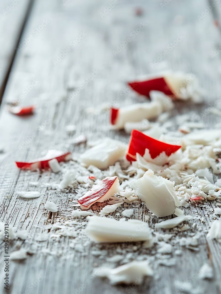 Fototapete close up of colorful bits of red apple and white coconut on a rustic wooden table : generative ai