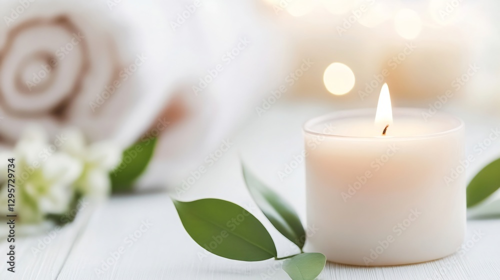 Poster Elegant candle adorned with foliage and cotton towels creating a serene spa ambiance : Generative AI