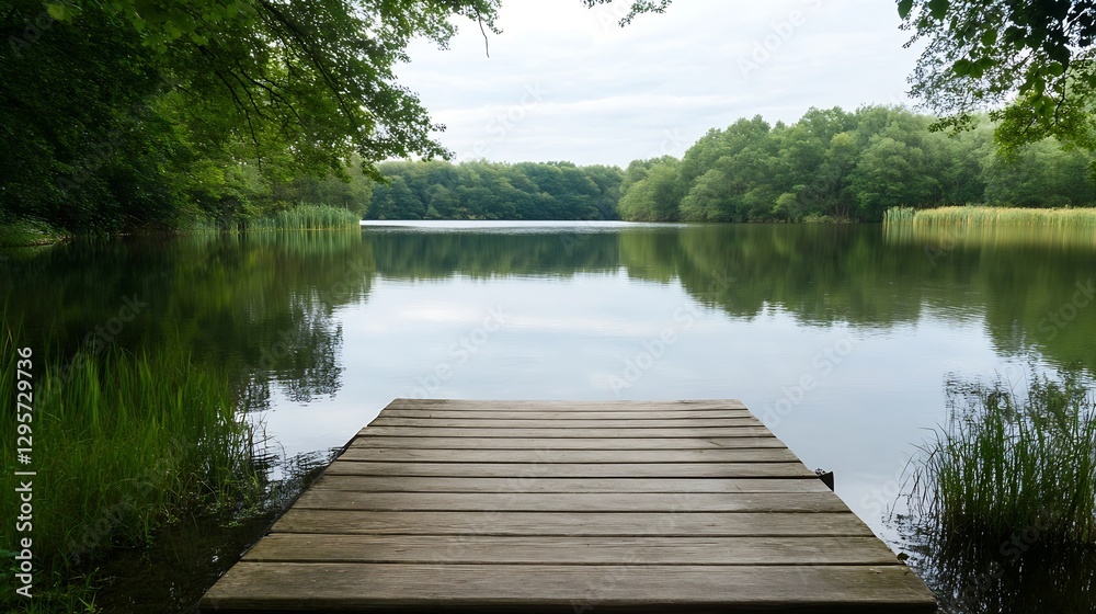 Poster serene view of calm lake surrounded by lush green trees and wooden deck in tranquil nature setting :