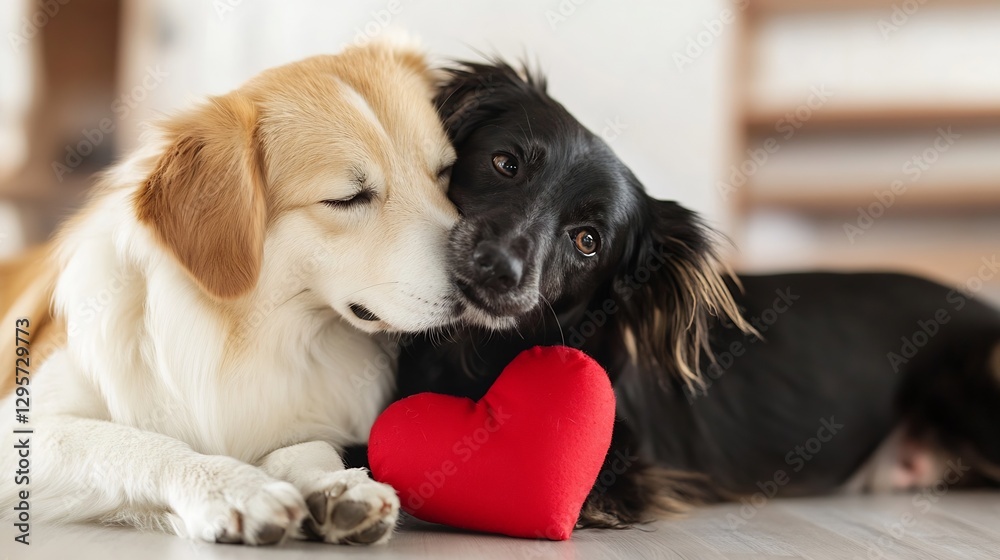 Aufkleber two adorable dogs cuddling together with a plush heart toy in a cozy indoor setting : generative ai