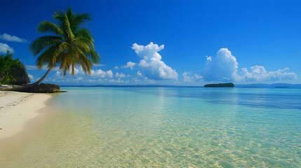 Fototapeta premium Tranquil palm tree by clear water tropical beach nature photography serene landscape view