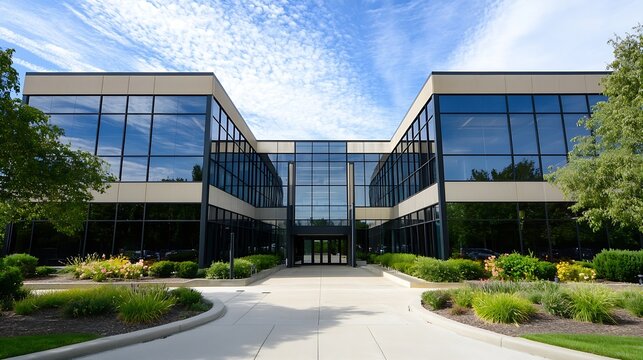 Modern Corporate Office Building with Glass Facade Surrounded by Greenery : Generative AI