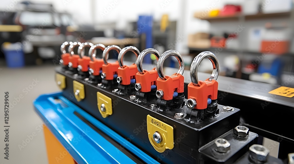 Aufkleber A image of various metal ring terminals attached to heavy gauge wires likely for use in battery connections or other industrial electrical applications within a workshop or garage setting