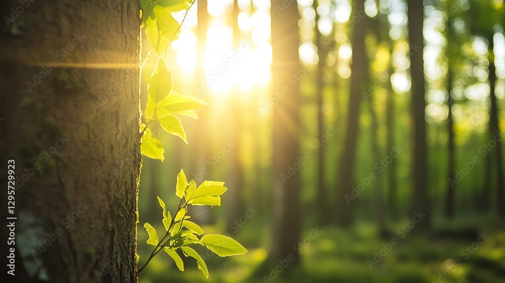 Poster golden hour sunlight filtering through lush greenery in tranquil forest : generative ai
