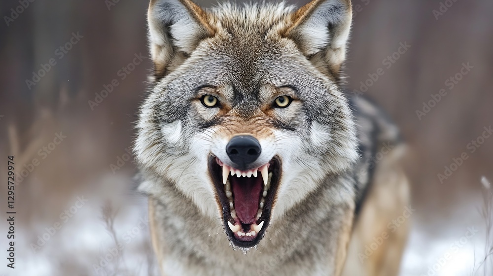 Poster vibrant closeup of a fierce wolf displaying its teeth in the wild showcasing its powerful presence :