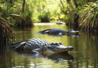 Serene River Landscape with Alligators Resting in Tranquil Water Surrounded by Lush Greenery and Sunlit Reflections in the Wetland Habitat