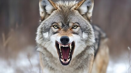 Vibrant closeup of a fierce wolf displaying its teeth in the wild showcasing its powerful presence : Generative AI