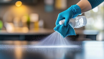Cleaning kitchen counter with spray and cloth