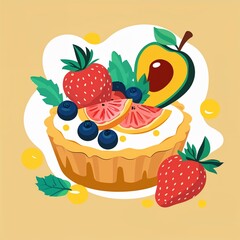 fruit tart on plain yellow background childish style illustration