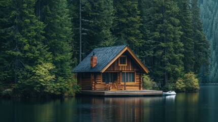 Secluded Lake Cabin in Evergreen Forest
