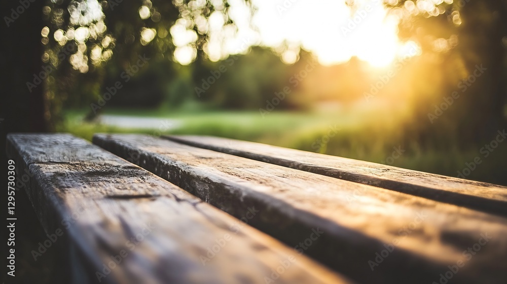 Poster sunlight streaming through trees onto a rustic wooden bench in a peaceful outdoor setting : generati