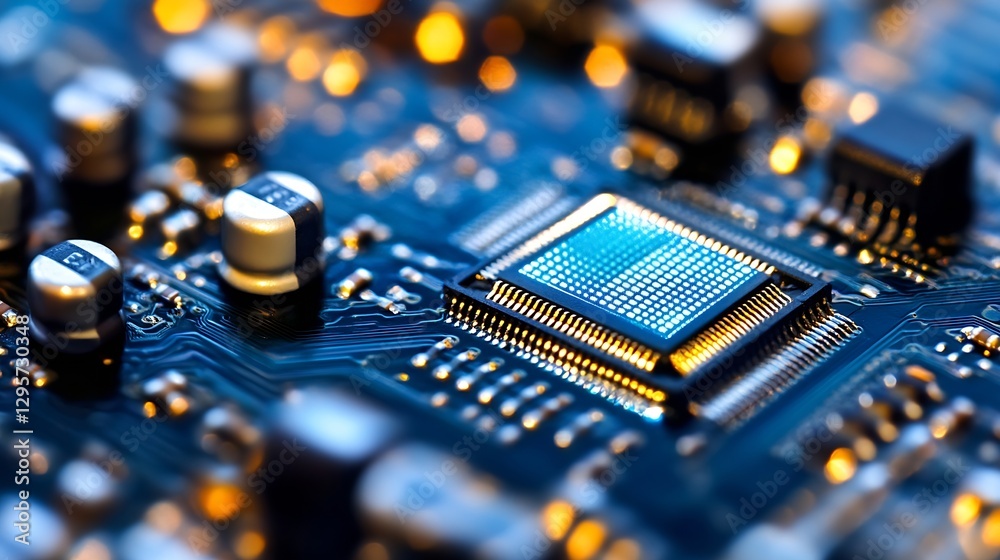 Poster Stunning Close Up of a Microprocessor on a Circuit Board with Glowing Lights : Generative AI