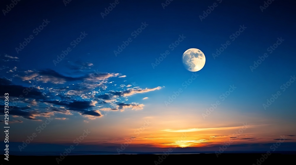 Poster spectacular view of a full moon glowing over a vivid sunset sky with colorful clouds : generative ai
