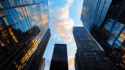 Naklejka premium Towering Glass Skyscrapers Reflections Against A Beautiful Sunset Sky : Generative AI