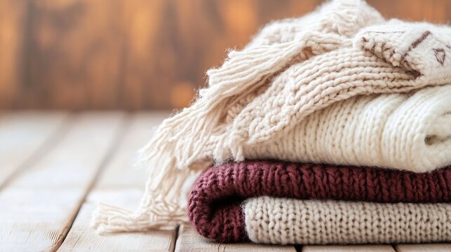 Cozy knitted blankets folded on a natural wooden surface showing warmth and comfort in winter : Generative AI